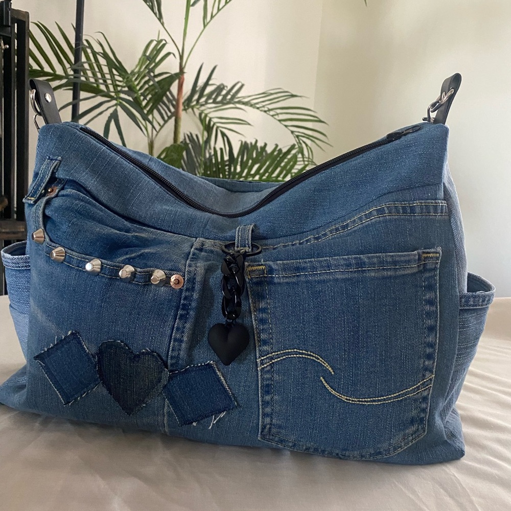 Blue Denim Shoulder Bag with Bow Detail